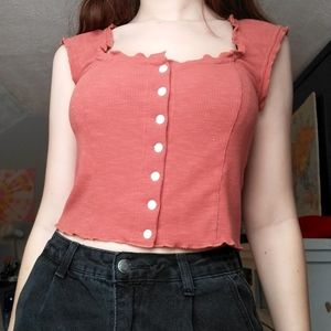 Small short sleeve button down top in brick red